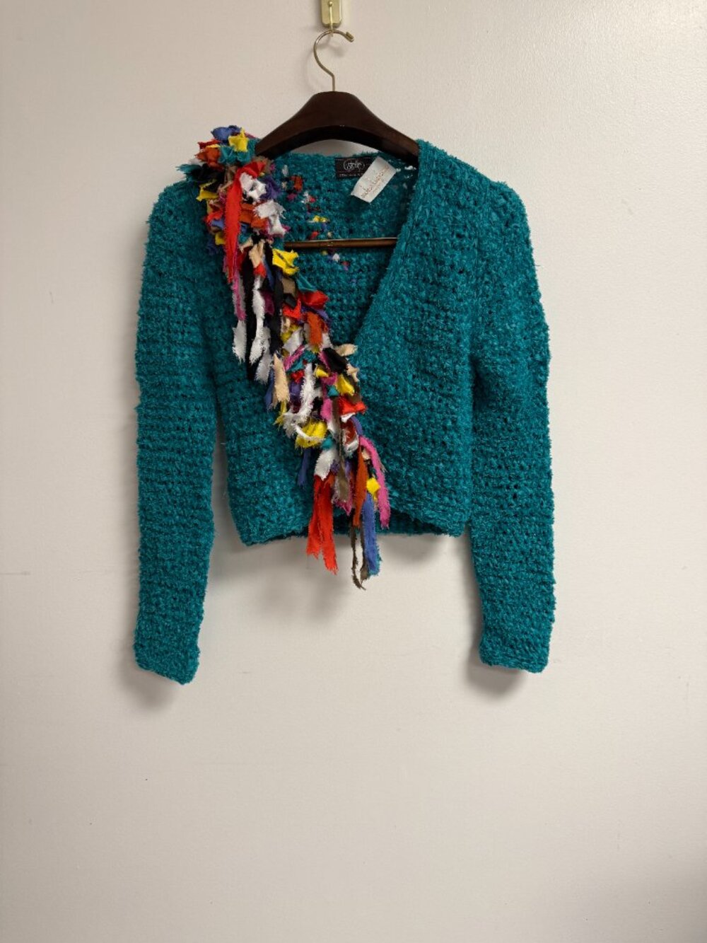 Vintage 80s Teal Multicolor Stretch Knit Unique Artsy Cardigan Sweater S/M - Picture 9 of 10